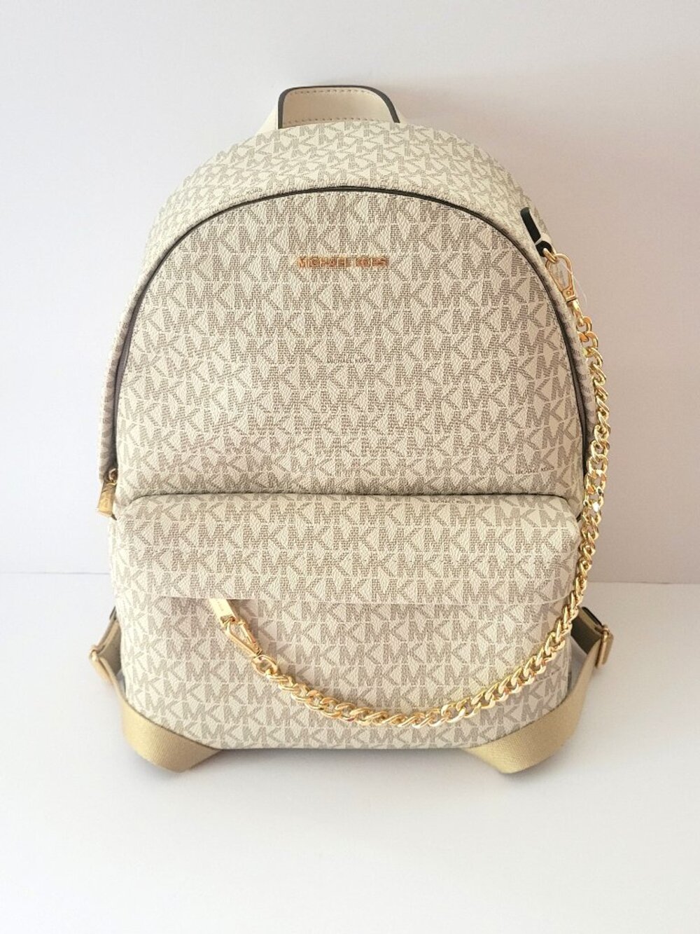 Michael Kors Slater Medium Chain Backpack Light Cream Multi MK Logo School Bag